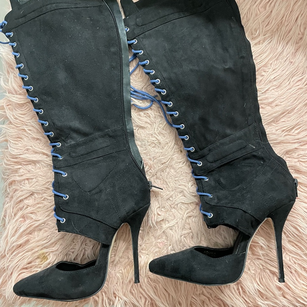Paper Fox Black Suede Lace-Up Knee Boots with Blue Laces
